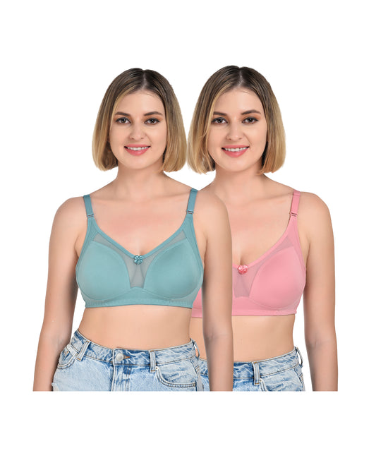 Chahat Karishma Pack of 2 Non-Padded Wire-Free Cotton Rich Designer Seamless T-Shirt Bra for Women, Soft Hosiery Fabric for Everyday Comfort