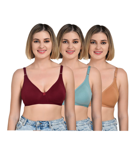 Chahat Touch Womens Pack of 3 Non Padded Cotton Rich Seamless Wire-Free T-Shirt Bras Comfortable Everyday Wear