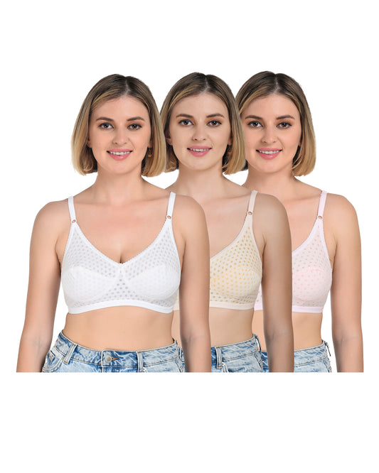 Chahat Fiza Womens Cotton Rich Wire-Free Bra (Pack of 3) Non-Padded, Printed, Soft Hosiery, All-Day Comfort