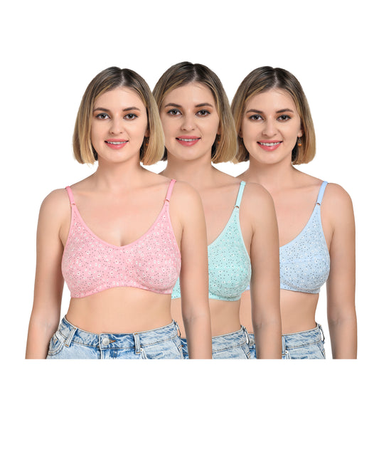 Chahat Piku Women's Cotton Rich Printed Bras (Pack of 3) Cut & Sew,Wire-Free, Non-Padded, Soft Hosiery Fabric Comfortable Fit (Size Runs Small)
