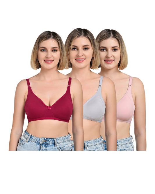 Chahat Touch Womens Pack of 3 Non Padded Cotton Rich Seamless Wire-Free T-Shirt Bras Comfortable Everyday Wear