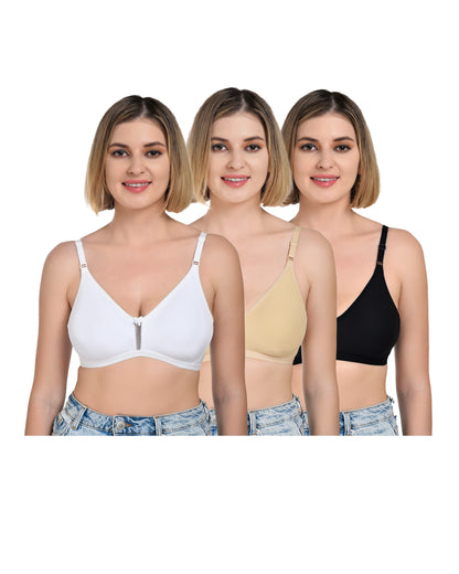 Chahat Anshika Pack of 3 Non Padded Bra, Cotton Rich Hosiery Fabric Wire Free T-Shirt Bra Skin, White & Black