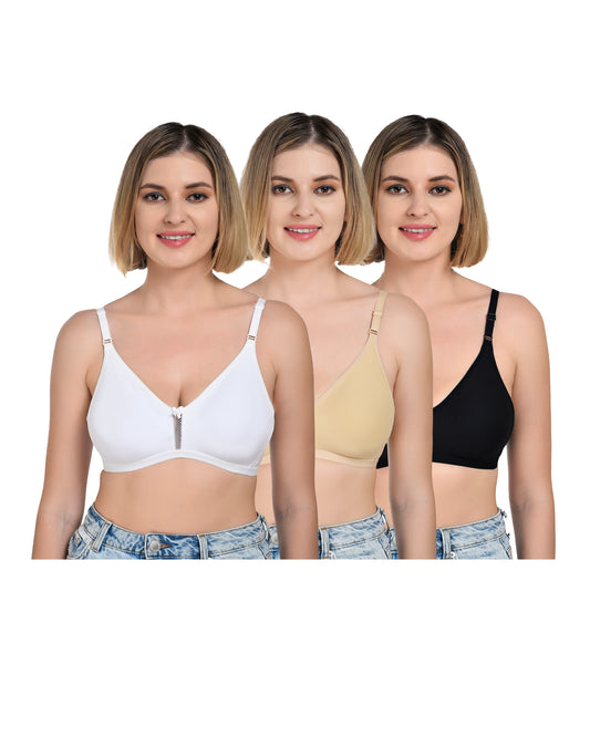 Chahat Anshika Pack of 3 Non Padded Bra, Cotton Rich Hosiery Fabric Wire Free T-Shirt Bra Skin, White & Black