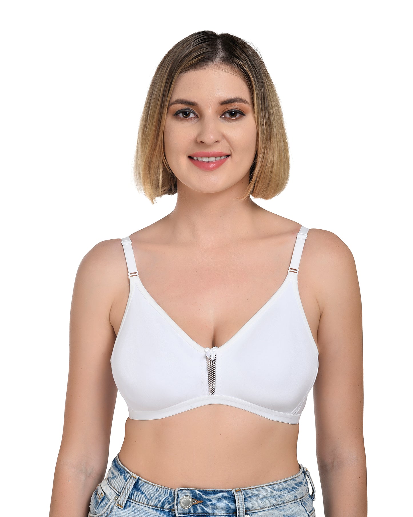 Chahat Anshika Pack of 3 Non Padded Bra, Cotton Rich Hosiery Fabric Wire Free T-Shirt Bra Skin, White & Black