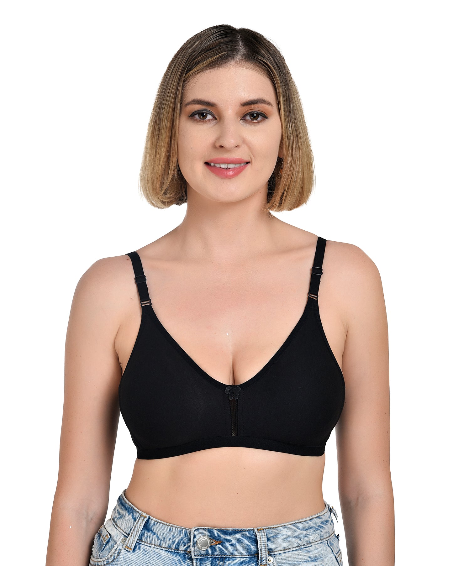 Chahat Anshika Pack of 3 Non Padded Bra, Cotton Rich Hosiery Fabric Wire Free T-Shirt Bra Skin, White & Black