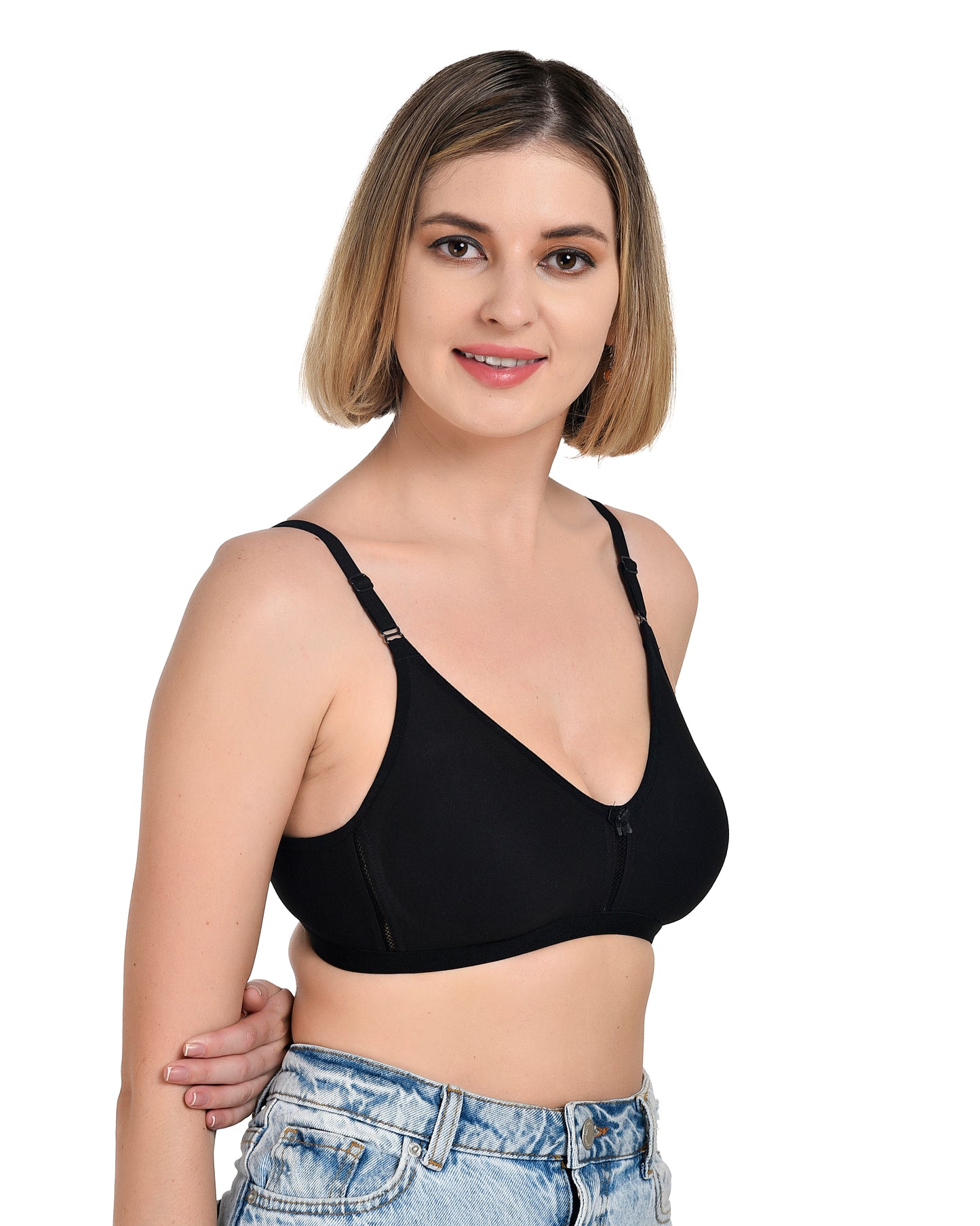 Chahat Anshika Pack of 3 Non Padded Bra, Cotton Rich Hosiery Fabric Wire Free T-Shirt Bra Skin, White & Black